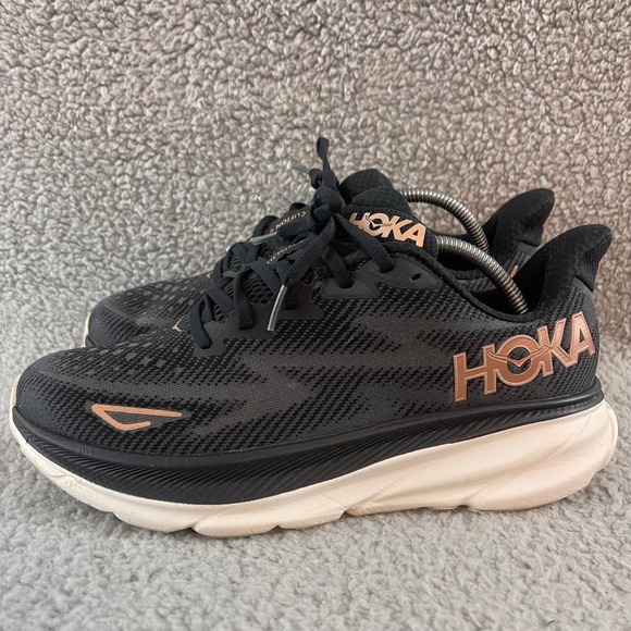 Hoka One One Shoes - Hoka One Clifton 9 Womens size 9B Black Rose Gold Running Comfort Walking Shoes